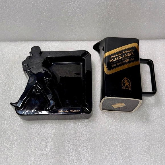 Vintage Black Barware Water Pitcherand Ashtray Johnny Walker Black Label